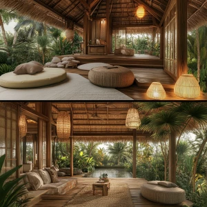 Create a design of an elite fight camp in Bali Indonesia. Make it eco, natural and cozy and at the same time stylish