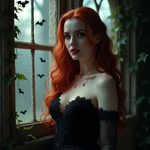 A photorealistic ultra-HD vertical portrait of a graceful red-ha...
