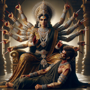 portrait of intense looking, four-armed indian goddess sitting...
