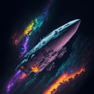starship cruising through a colorful nebula