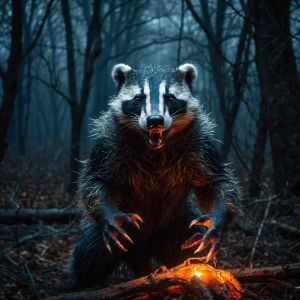 Anthropomorphic badger character in a dark, haunted forest, glo...