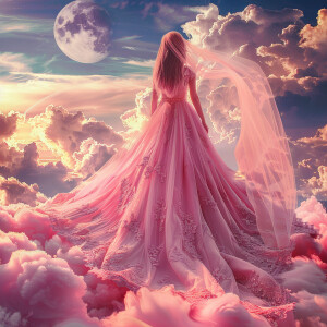 a beautiful caucasian in a flowing pink wedding dress with veil...