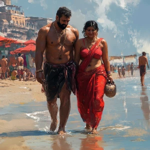 Realism,a muscular sweaty man walking with his 50 years old poo...