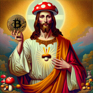 Иисус держит в одной руке мухомор, а в другой - биткойн