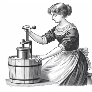 Woman hand cranking ice cream in an original small wooden bucket...