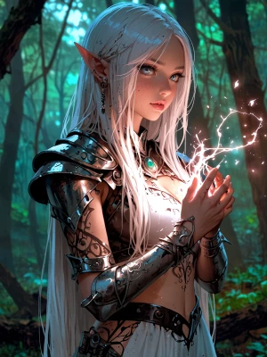 1girl, elf, long white hair, glowing eyes, fantasy armor, standi...