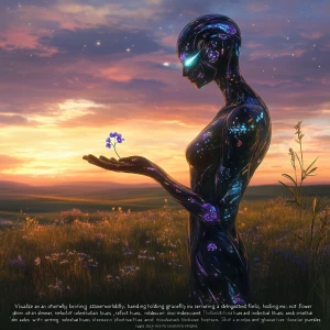 "Visualize an otherworldly being standing gracefully in a serene...