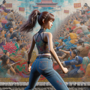 Athletic Thin skinny Attractive, Asian teenage girl, long brown hair and bangs, wearing tight skinny jeans and a halter top paint marks on her clothing, heroic pose Asian graffiti background, backside view