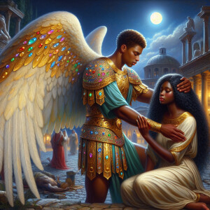 Create an oil painting image featuring a male angel and a grievi...