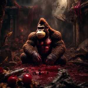 A macabre and gritty portrait of Donkey Kong in a dark fantasy s...