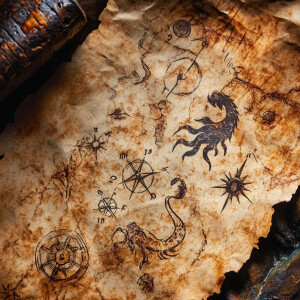 an old pirate map of treasure in worn out hard piece of paper ma...