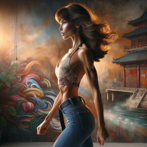 Athletic Thin skinny Attractive, Asian teenage girl, long brown hair and bangs, wearing tight skinny jeans and a halter top paint marks on her clothing, heroic pose Asian graffiti background, side view