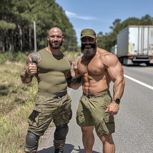 Two muscular men are posing together on a roadside. They are wea...