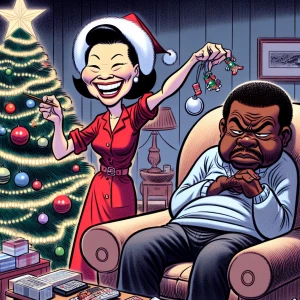 A wife putting up Christmas decorations while her husband is sit...