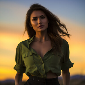 Capture the elegance of a fair-skinned woman with dark long hair...