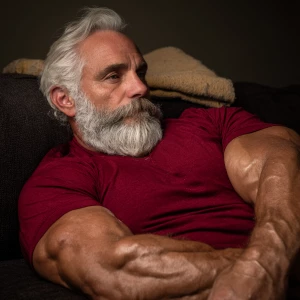 The image shows two muscular bodybuilders men lying on a couch,...