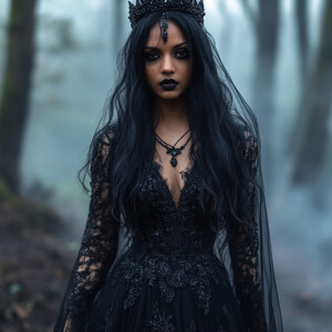 “A dark, 25 year old ethereal Indian woman stands confidently in...