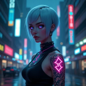 A hyper-realistic portrait of a futuristic cyberpunk woman with glowing neon tattoos, short silver hair, and piercing blue eyes, standing in a rain-soaked cityscape at night. with " Flux Dev " text