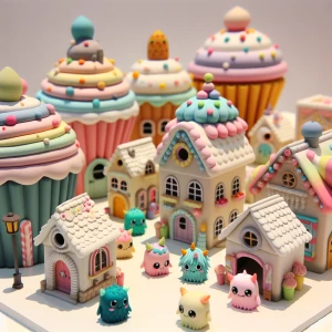 A little toy town square with houses made to look like cupcakes,...