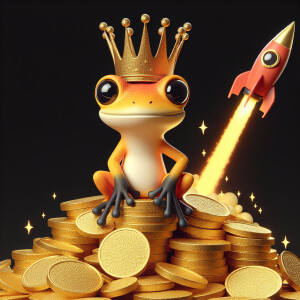 "A cartoonish frog character (Pepe) wearing a crown and sitting...