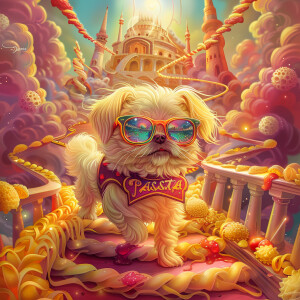 A cartoon-style Pekingese dog with sunglasses reflecting pasta i...