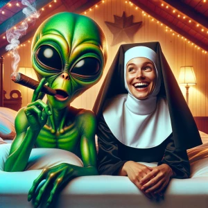 "Create a whimsical image of an alien with vibrant green skin an...