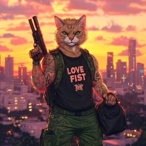 Design a humanoid cat character in a dynamic video game art styl...