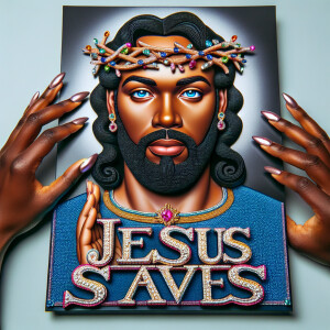 A 3D realistic artwork featuring the phrase 'Jesus Saves' adorne...