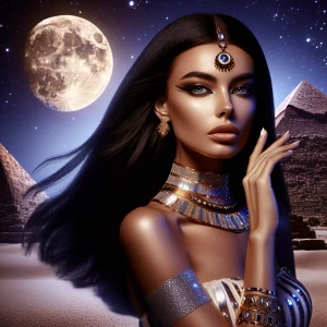 "Under the enchanting glow of the moonlight, an elegant Egyptian...