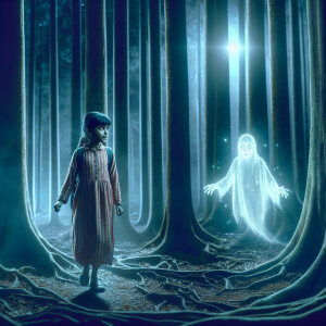 Little girl with a ghost in the dark forest