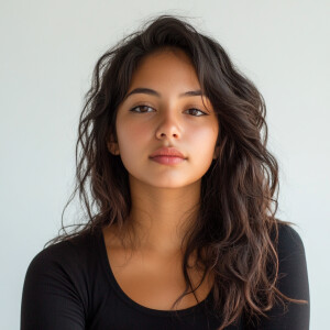 A 22-year-old Salvadorian woman with a clean, natural face, exud...