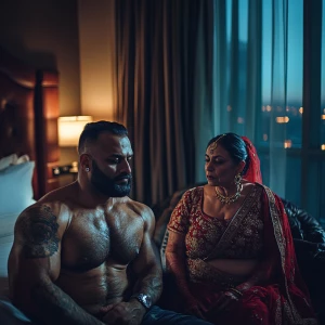 realism  style.A sweaty beefy muscular man sitting with his 54 y...