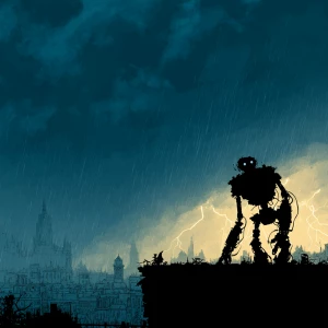 A small, completely black silhouette of a robot similar in size...