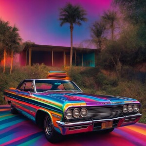 Design a digital painting featuring a 1964 Impala with a lustrou...
