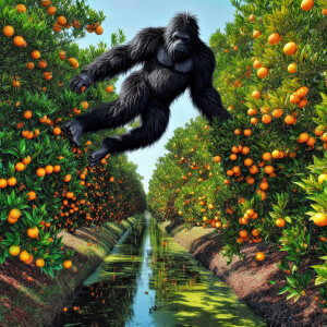 Generate an image depicting a hairy, Bigfoot-like creature with...