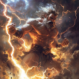 Create an image of Zeus angered with humanity, hurling his light...