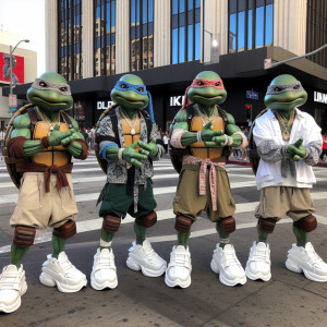 Ninja turtles in los angeles streets with baggy gang clothing wh...