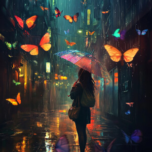 A woman standing in a rain-soaked alley, her umbrella dissolving...
