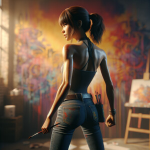 Athletic Thin skinny Attractive, Asian teenage girl, long brown hair and bangs, wearing tight skinny jeans and a halter top paint marks on her clothing, heroic pose Asian graffiti background, backside view