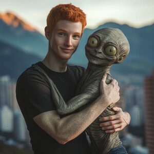 Capture a hyper-realistic image of a man and an alien  in an aff...