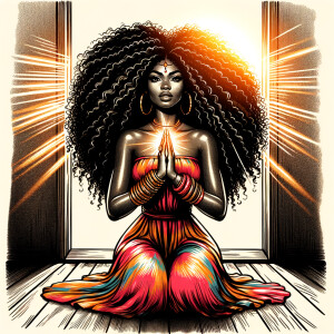 african american woman with long coily black hair,
illustration sketch, praying hands on her knees, vector
design, bangles, sun shining through window in small
room, vibrant, colorful, wearing a flowy dress, glowy skin,
glowing aura around body