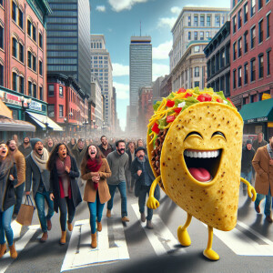A taco walking down the street laughing hysterically while peopl...