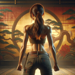 Athletic Thin skinny Attractive, Asian teenage girl, long brown hair and bangs, wearing tight skinny jeans and a halter top paint marks on her clothing, heroic pose Asian graffiti background, backside view