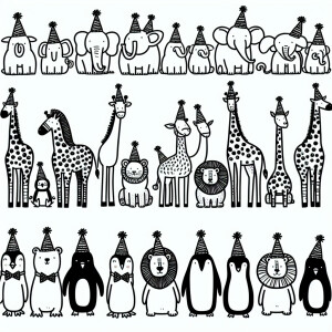Zoo animals in a line wearing party hats using only black lines