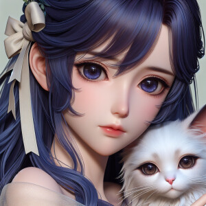 Realistic anime woman with dark blue hair and dark brown eyes. S...