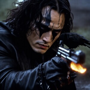 Brandon Lee, portraying his character in "The Crow", fires a bul...