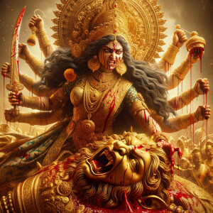 photograph of angry looking goddess durga victory posing on a de...