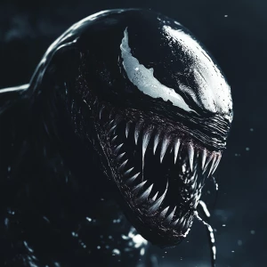 A  symbiote man's face transforming into a shark's snout.
