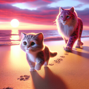Kitten walking next to his cat mother on a beach