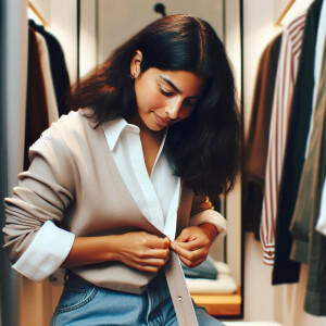 A Latina woman is in a changing room adjusting her outfit, focus...